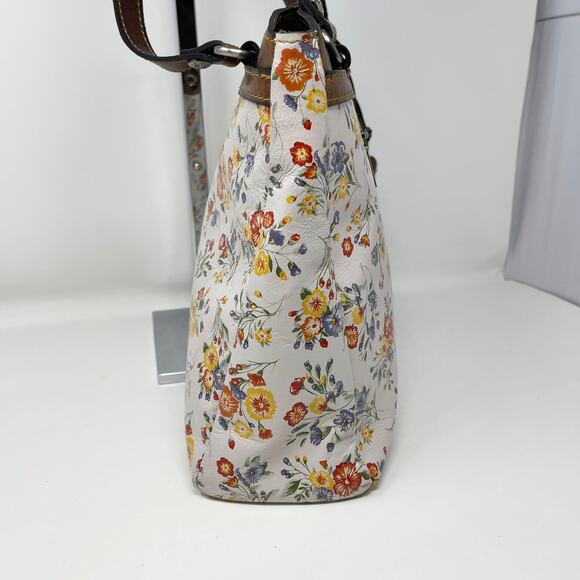 Patricia Nash Leather Poppy Tote Mini Meadows Floral‎ Print Brown Trim Tassels - Picture 7 of 14